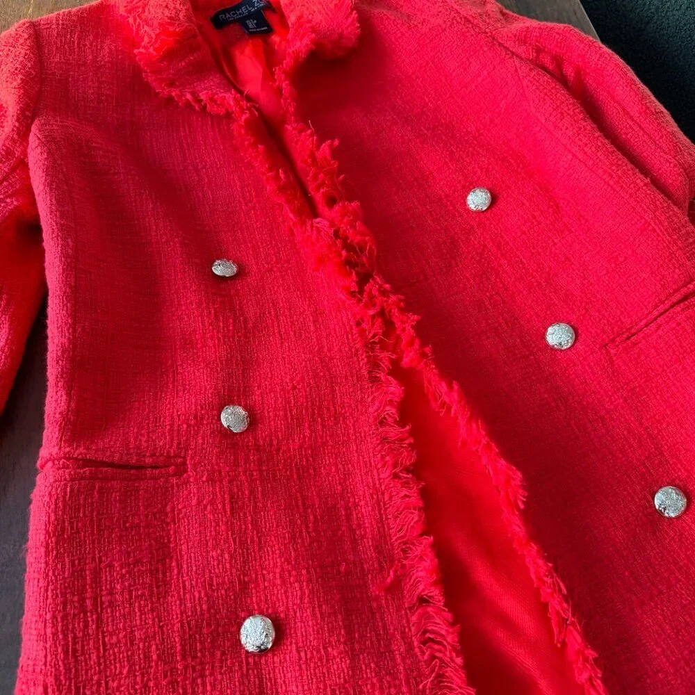 Rachel Zoe Red Tweed Double Breasted Fringe Blazer Coat Size S